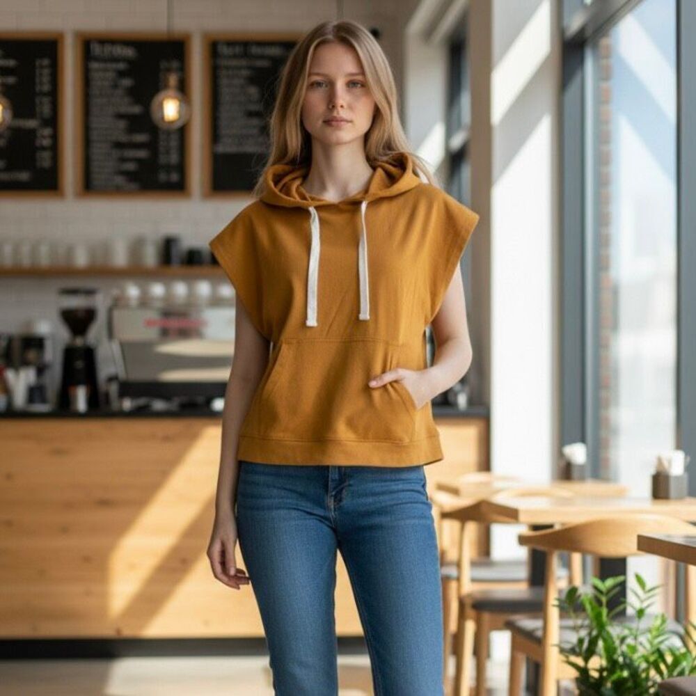 Zyia Active Womens Yellow Hoodie Pullover Short Sleeve Top Small